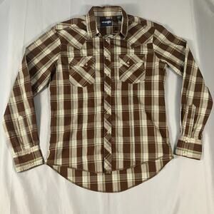 Wrangler Brown Plaid Shirt Mens Medium Western Pearl Snap Long Sleeve